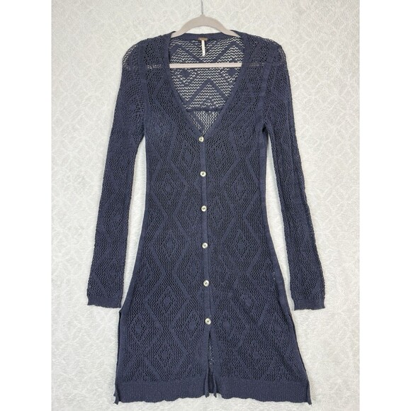 Free People Cutie Booty Crochet Cardigan Sweater M Blue Boho Y2K Elena Gilbert - Picture 3 of 12